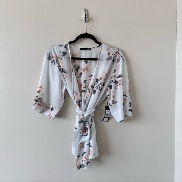 Black Tape_ Tops - BLACK Tape_ Floral Semi Sheer Wrap Kimono Top (Size:Small)
